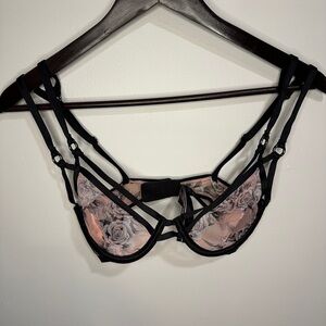 Victoria's Secret Black Strappy Underwire Bra with Blush Floral Cups